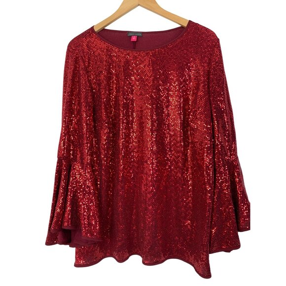 NWT Red Vince Camuto Womens 1X Sequin Bell Sleeve Top Neck Bling Date 8696 - Picture 2 of 9